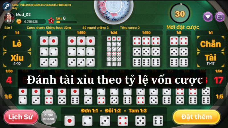 Cách đánh tài xỉu thành công: Đánh theo tỷ lệ vốn cược